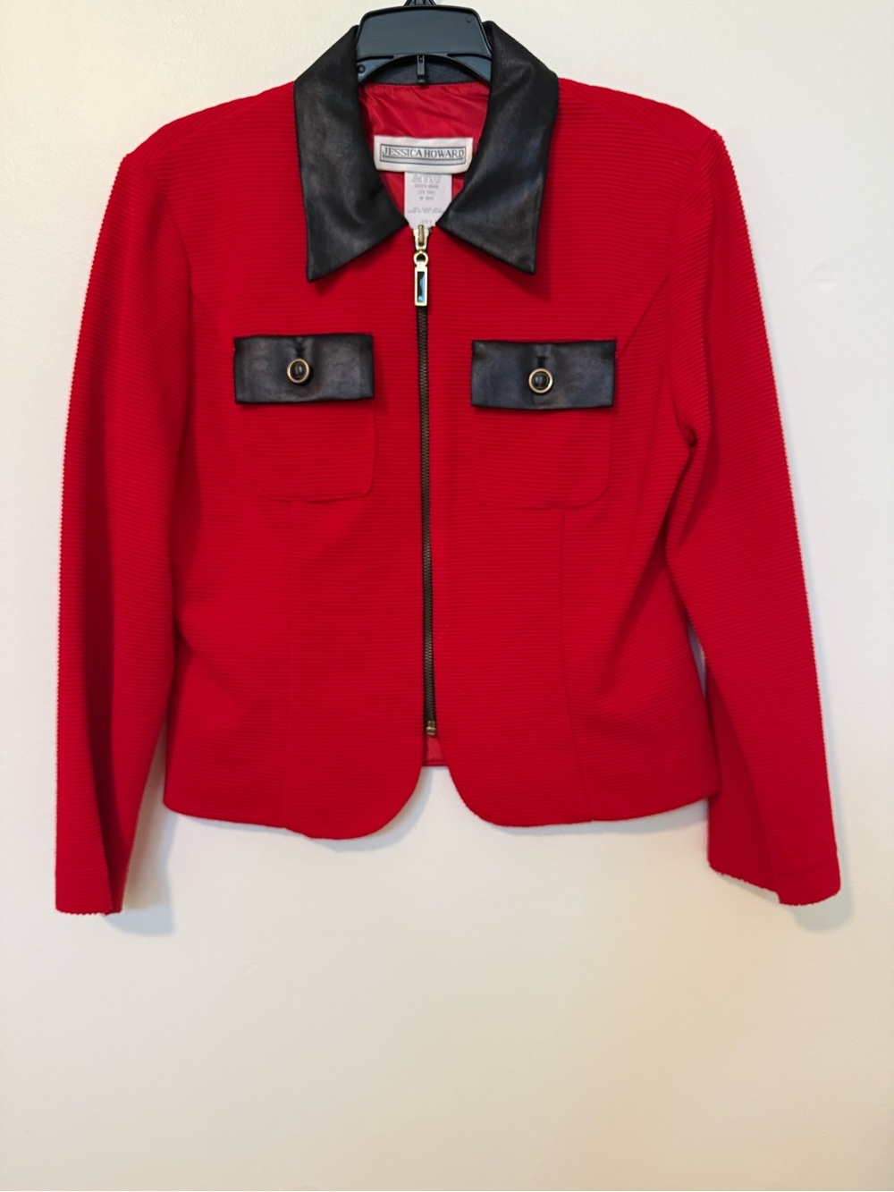 Jessica Howard Red Jacket with Black Faux Leather Collar and Pocket Flaps.